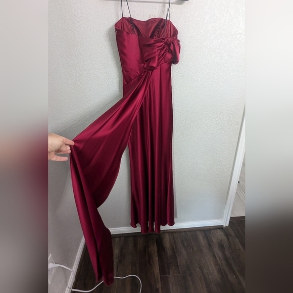 A B S By Allen Schwartz Malbec Satin Gown Strapless Maxi Dress Side Ruched Bow 0 - Picture 12 of 12